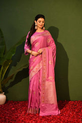 Lilac Mushru Satin Banarasi Handloom Saree With Meenakari Booti And Border